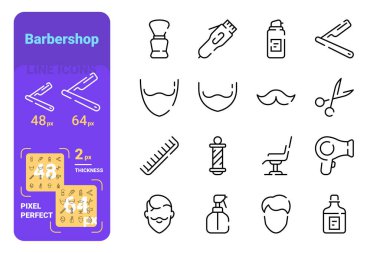 Set barbershop simple lines icons of mustache, beards, equipment.