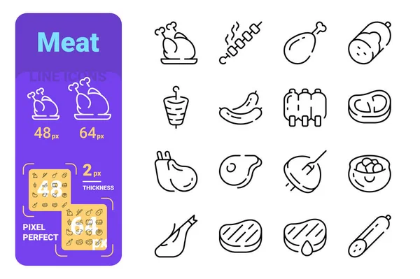 Set meat simple lines icons of hot meal. — Stok Vektör