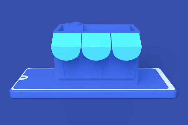 3d isometric online mobile store in blue colour.