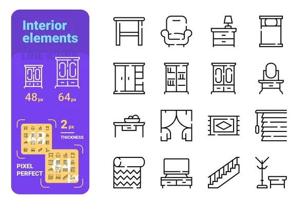 Inicio Elementos interiores conjunto de iconos de línea — Vector de stock