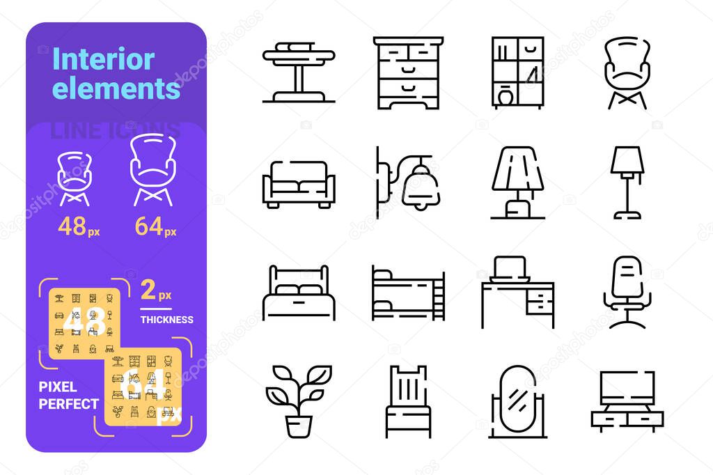 Interior elements line icons set