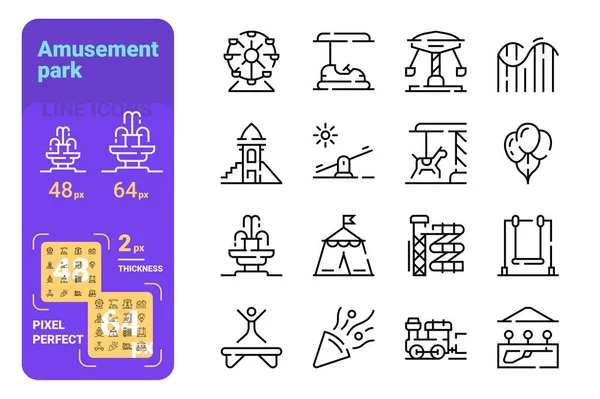 Set amusement park simple lines icons of different rides. — Stock Vector