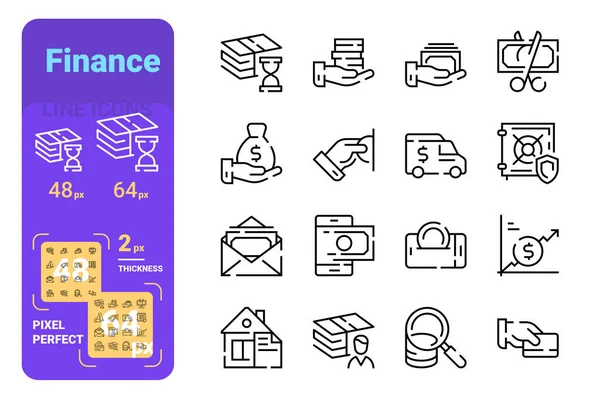 Set finance simple lines icons of security, graph, delivery money. — Stock Vector