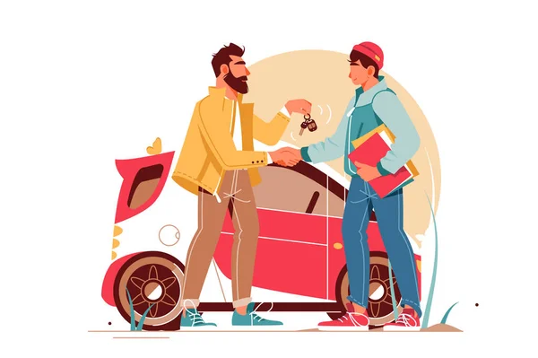 Empresario barbudo dando llaves al joven haciendo un trato de coche . — Vector de stock