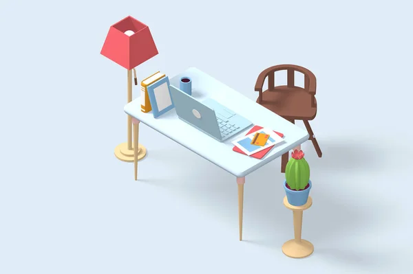 3D vykreslení moderní ikony na pracovišti notebooku, dokumentů a knih. — Stock fotografie