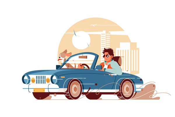 Joven hombre guapo con perro ir de viaje en coche . — Vector de stock