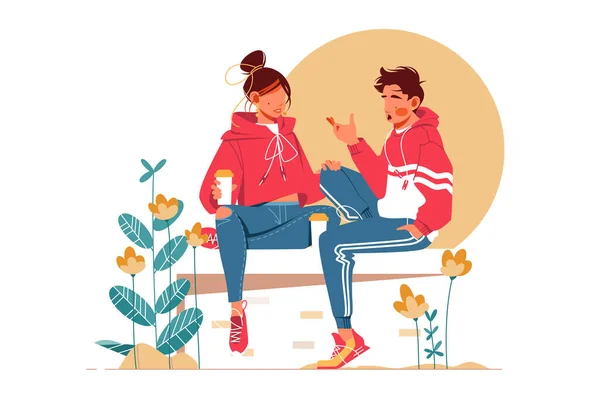 Sweet couple talking sitting on bench — Stock Vector