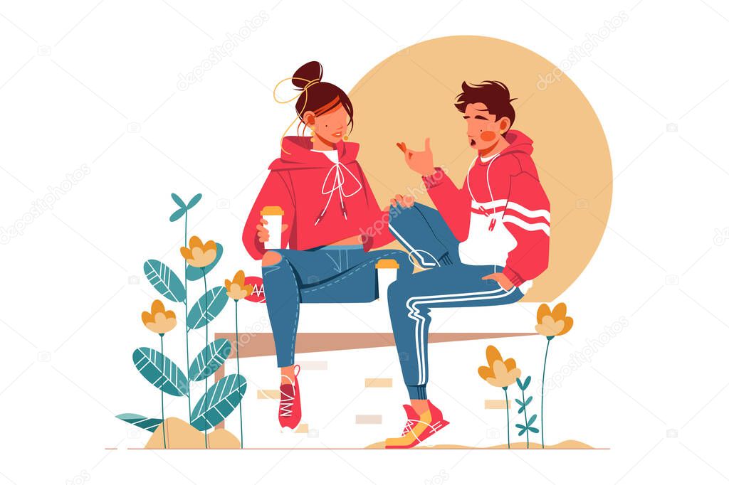 Sweet couple talking sitting on bench