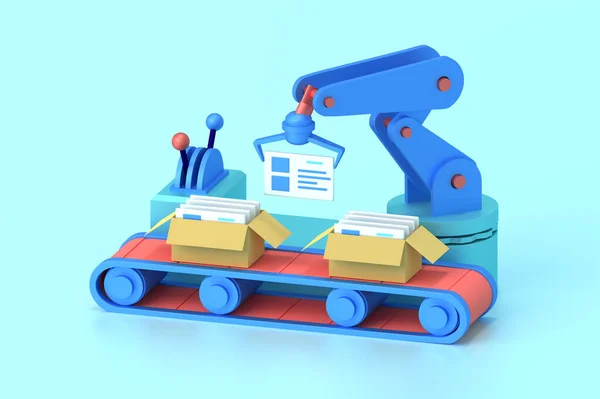 3d render robot verpakking dozen op transportband werk. — Stockfoto