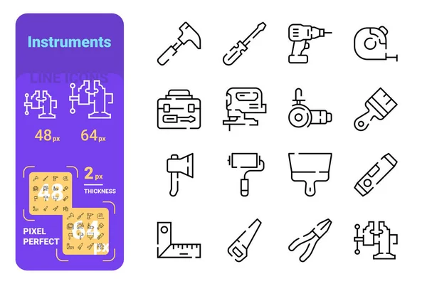 Set instruments simple lines icons of measure, beat and saw. — Stock Vector