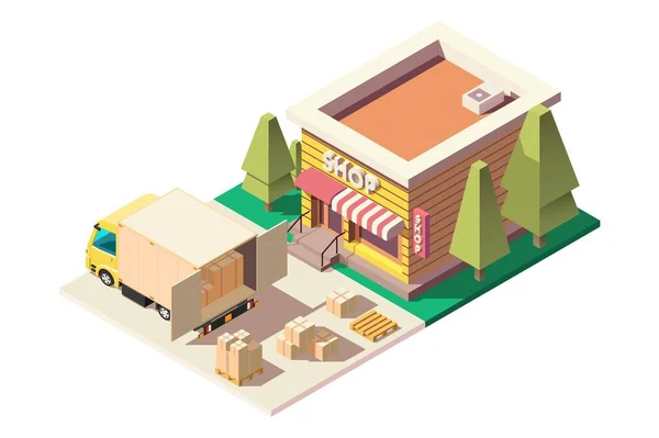3D isometrische städtische LKW-Lieferboxen zum Aufbewahren. — Stockfoto