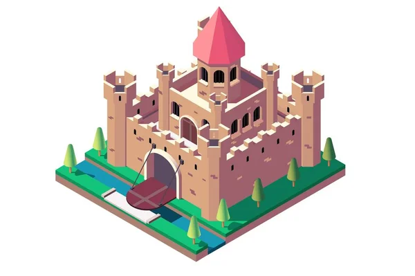 3d isometrisch middeleeuws kasteel met open poort en sloot. — Stockfoto
