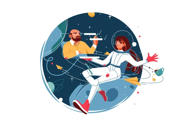 Mujer segura en el trabajo de traje espacial desde el espacio usando el ordenador portátil . — Vector de stock