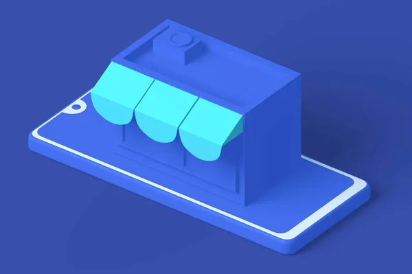 3d tienda móvil en línea isométrica en color azul . —  Fotos de Stock