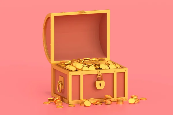 3d render tesouro peito com moedas no fundo rosa. — Fotografia de Stock