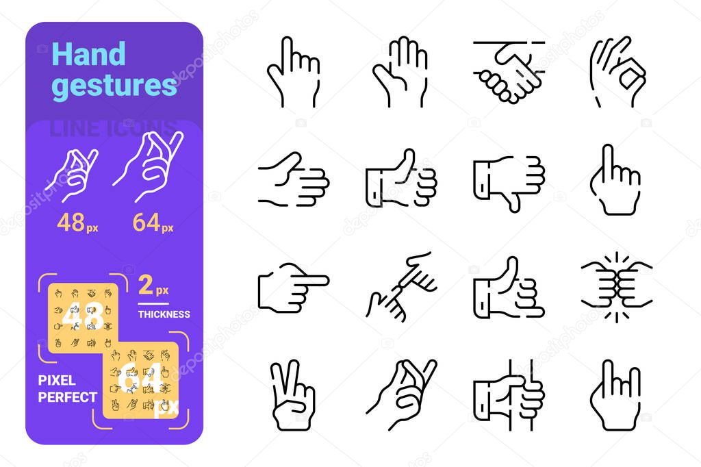 Hand gestures line icons set
