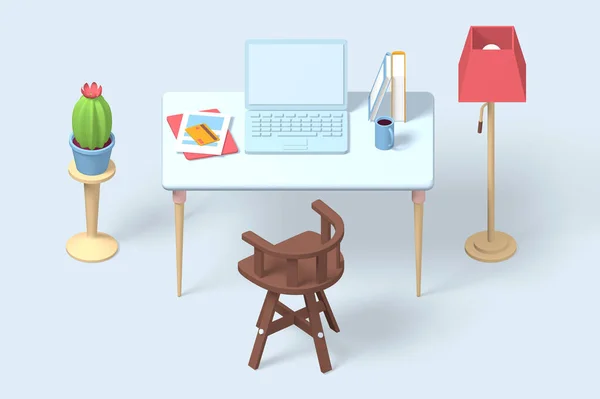 Bilgisayarın, belgelerin ve kitapların 3D modern iş yeri simgesini oluştur. — Stok fotoğraf