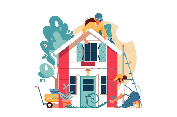 Two young attractive woman using equipment building house. — Stock Vector