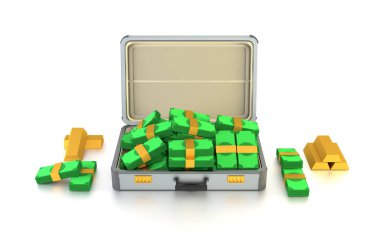 Bir çanta dolusu para, dolar ve altın.