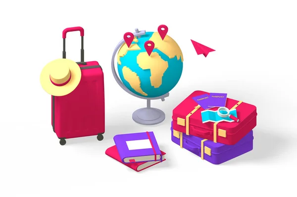 3d render traveler set of suitcase with luggage and globe. — Stock Photo, Image