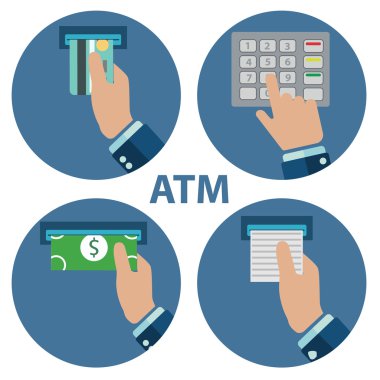 ATM terminal kullanımı. Üzerinden ödeme . Karttan para almak. Vektör çizimi
