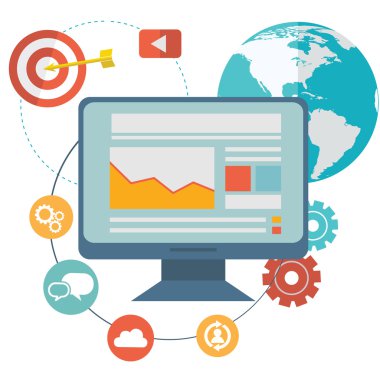 Web sitesi Seo optimizasyonu, programlama süreci ve web analytics öğelerine düz tasarım modern vektör illüstrasyon simgeler kümesi. Şık renkli arka plan üzerinde izole