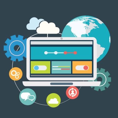 Web sitesi Seo optimizasyonu, programlama süreci ve web analytics öğelerine düz tasarım modern vektör illüstrasyon simgeler kümesi. Şık renkli arka plan üzerinde izole.