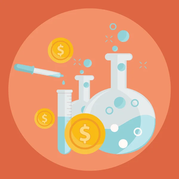 Business concept of alchemy experiment for generating money and ideas with laboratory equipments in flat design — Stock Vector