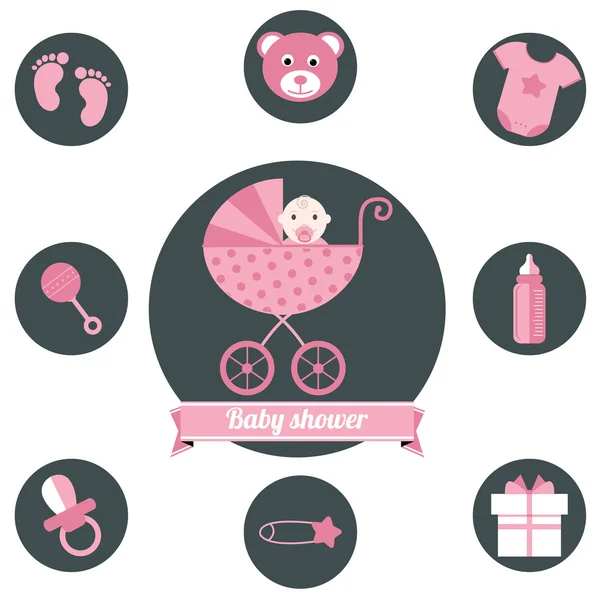 Baby dusch ikoner anger tjej rosa — Stock vektor