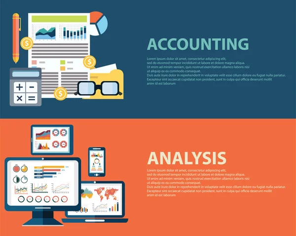 Concepto infográfico de análisis de negocio de estilo plano y finanzas contables. Plantillas de banners web establecidas — Archivo Imágenes Vectoriales