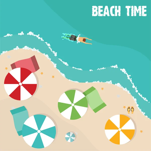 Playa de verano en diseño plano, vista aérea, lado del mar y sombrillas, ilustración vectorial — Vector de stock