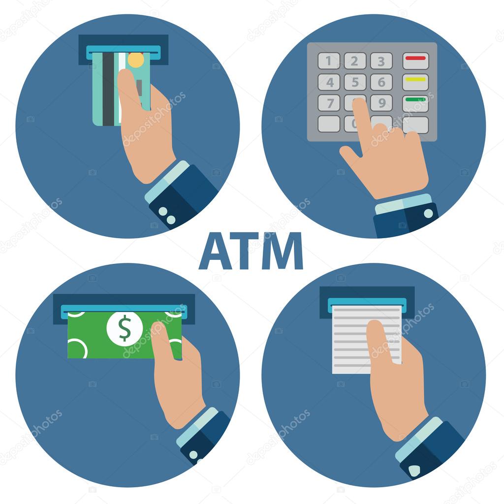 ATM terminal usage. Payment through the . Getting money from an  card. Vector illustration