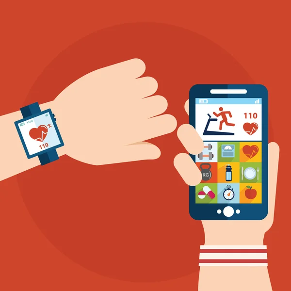 Execução aplicativo no telefone e smartwatch —  Vetores de Stock