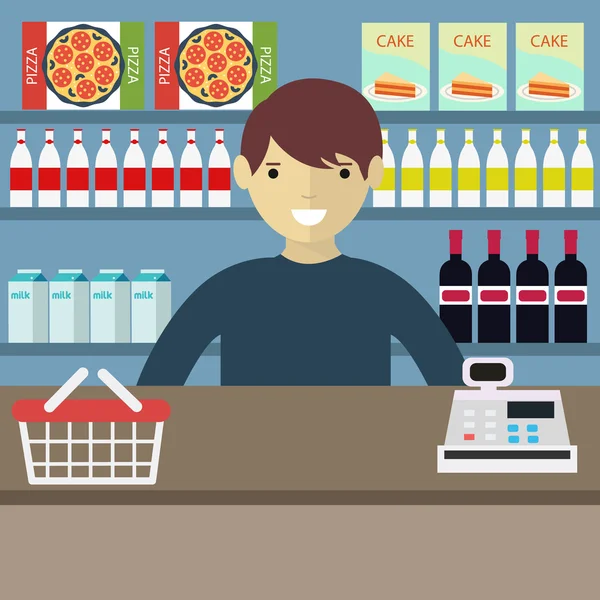 Cashier man standing in supermarket — Stockový vektor