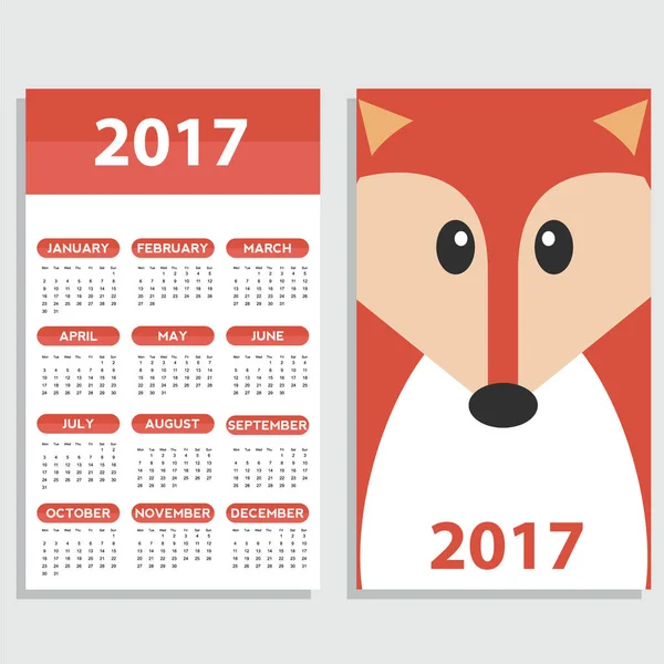 Calendário 2017 com raposa — Vetor de Stock