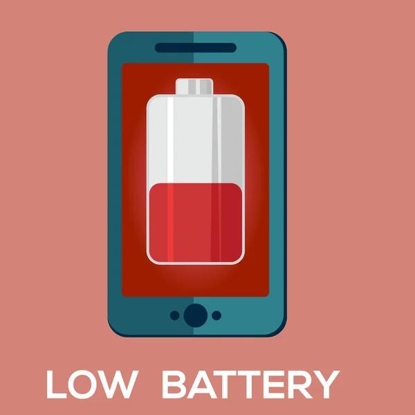 赤バッテリー残量低下アイコンとスマート フォン — ストックベクタ
