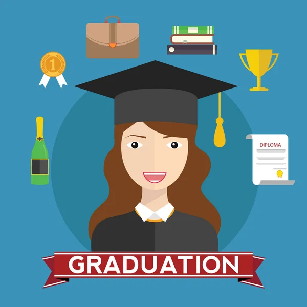 Día de graduación. Mujer graduada en sombrero y bata — Vector de stock