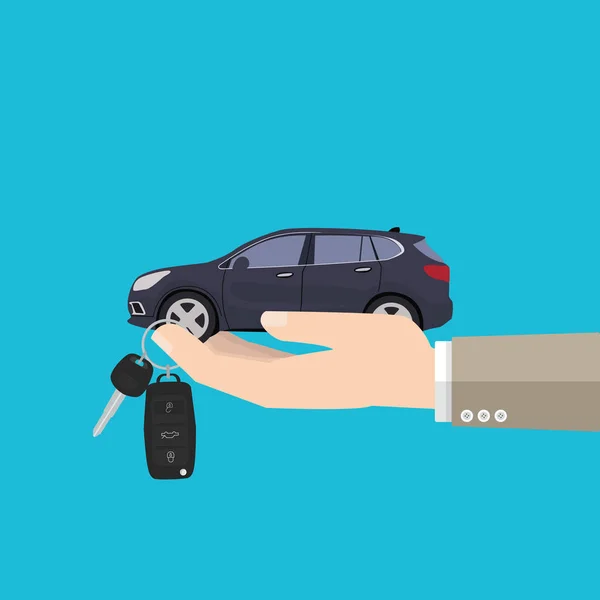 Mano con coche nuevo y llaves . — Vector de stock