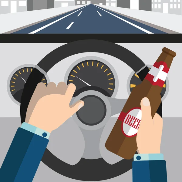 Hombre bebiendo cerveza y conduciendo coche — Vector de stock