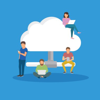 Bulut depolama kavramı bulut depolama--dan app indirmek için tablet pc ve dizüstü bilgisayar gibi taşınabilir becerikli alet kullanan gençlerin Illustration. Çocuklar ve kadının..... büyük sembolü düz tasarımı.