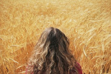 Buğday tarlasında güzel bir kadın 