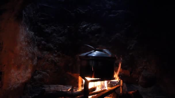 Wood Fire Boiling Pots — Stock Video