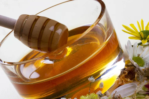 Organic Honey Plate Flowers Stock Image