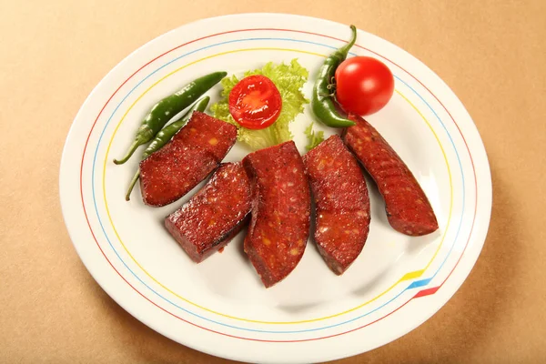 Fried Sausage Fresh Vegetables — Stock Photo, Image