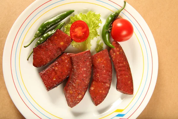 Fried Sausage Fresh Vegetables — Stock Photo, Image