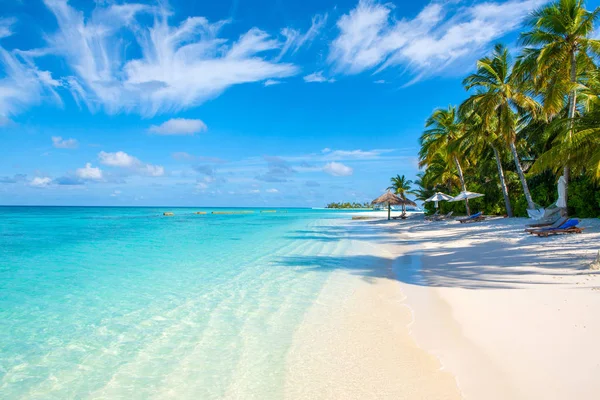 Güzel kumlu plaj şezlong ve şemsiyeler Hint Okyanusu ile