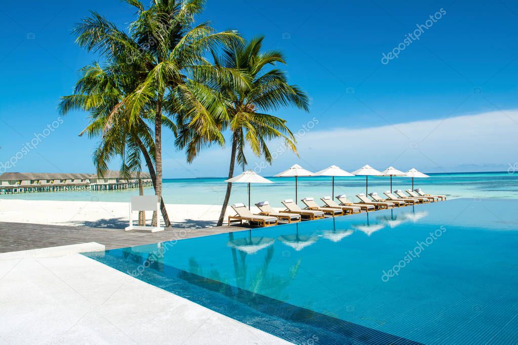 Large infinity pool on the shores of the Indian Ocean with sunbeds and umbrellas in the shade of the palm trees