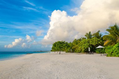 Maldivler Island kumlu plaj renkli gökyüzü ve dalgalı deniz üzerinde dramatik bulutlar güzel günbatımı manzara