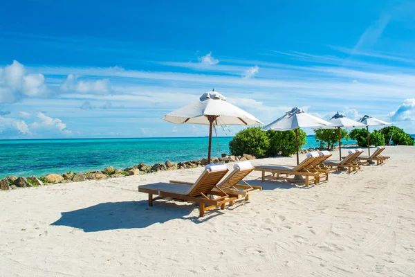 Beautiful Sandy Beach Sunbeds Umbrellas Indian Ocean Maldives Island — Stock Photo, Image