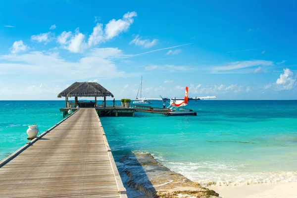 Atoll Sud Dhidhoofinolhu Maldives Juillet 2017 Hydroplan Près Jetée Bois — Photo